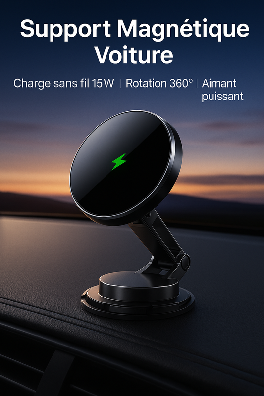 Support Téléphone Voiture 15W – Magnétique & Recharge Sans Fil 360°