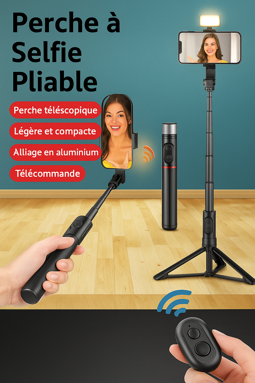Perche à Selfie Trépied 2025 avec Lumière & Télécommande – Pliable, Bluetooth, Ultra Portable