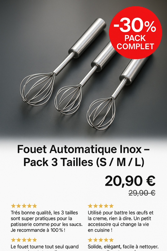 Fouets de Cuisine Automatiques – Pack Inox 3 Tailles (S, M, L)