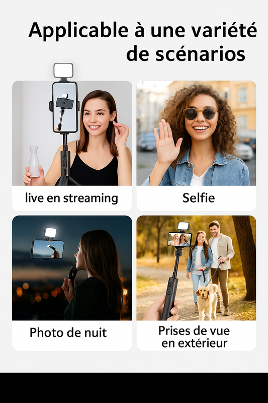 Perche à Selfie Trépied 2025 avec Lumière & Télécommande – Pliable, Bluetooth, Ultra Portable
